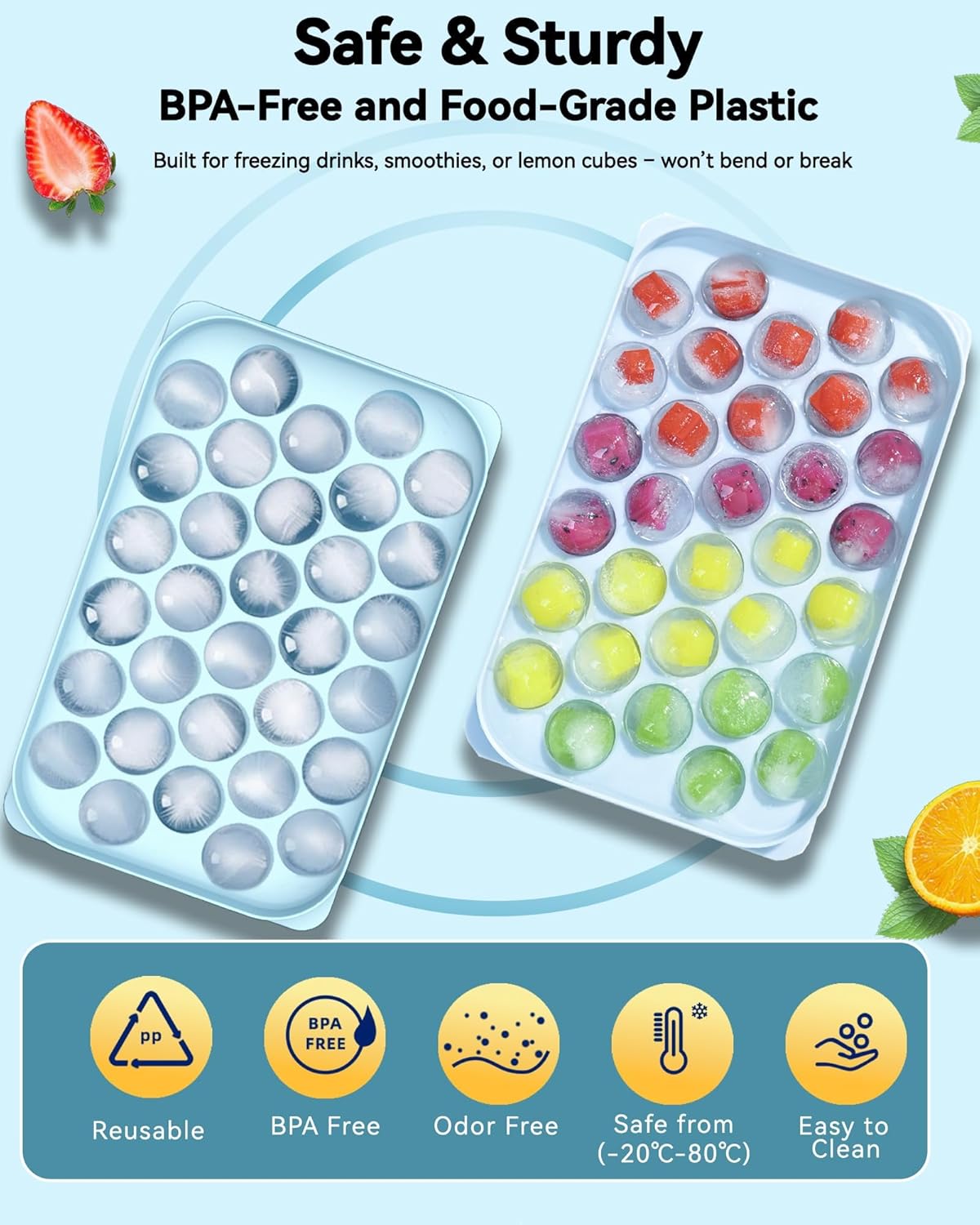 Ice Cube Tray with Lid and Bin – 2-Second Twist Release,BPA-Free, Stackable Freezer Organizer, Round Ice Cube Mold, Ice Ball Maker for Cocktails, Coffee,Cocktails(Fresh Blue-2Pack,70 Balls&Box-1.0")