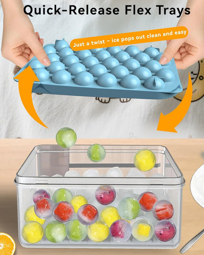 Ice Cube Tray with Lid and Bin – 2-Second Twist Release,BPA-Free, Stackable Freezer Organizer, Round Ice Cube Mold, Ice Ball Maker for Cocktails, Coffee,Cocktails(Fresh Blue-2Pack,70 Balls&Box-1.0")