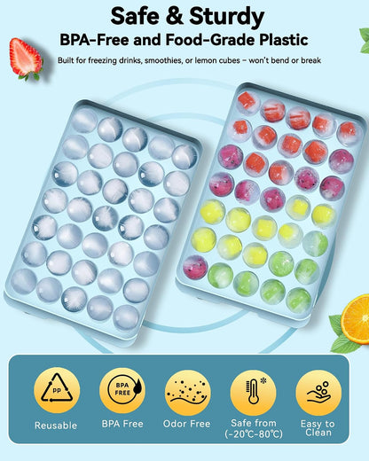Ice Cube Tray with Lid and Bin – 2-Second Twist Release,BPA-Free, Stackable Freezer Organizer, Round Ice Cube Mold, Ice Ball Maker for Cocktails, Coffee,Cocktails(Fresh Blue-2Pack,70 Balls&Box-1.0")