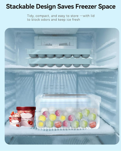 Ice Cube Tray with Lid and Bin – 2-Second Twist Release,BPA-Free, Stackable Freezer Organizer, Round Ice Cube Mold, Ice Ball Maker for Cocktails, Coffee,Cocktails(Fresh Blue-2Pack,70 Balls&Box-1.0")
