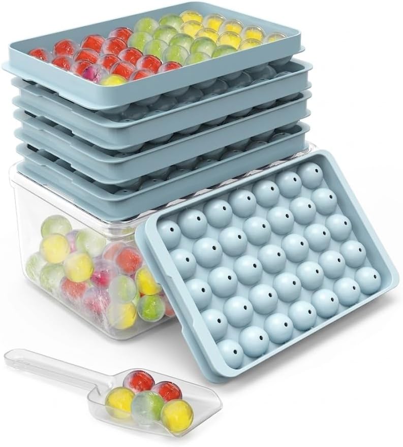 Ice Cube Tray with Lid and Bin – 2-Second Twist Release,BPA-Free, Stackable Freezer Organizer, Round Ice Cube Mold, Ice Ball Maker for Cocktails, Coffee,Cocktails(Fresh Blue-2Pack,70 Balls&Box-1.0")