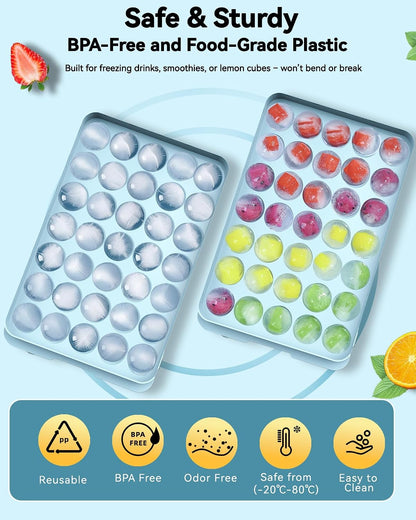Ice Cube Tray with Lid and Bin – 2-Second Twist Release,BPA-Free, Stackable Freezer Organizer, Round Ice Cube Mold, Ice Ball Maker for Cocktails, Coffee,Cocktails(Fresh Blue-2Pack,70 Balls&Box-1.0")