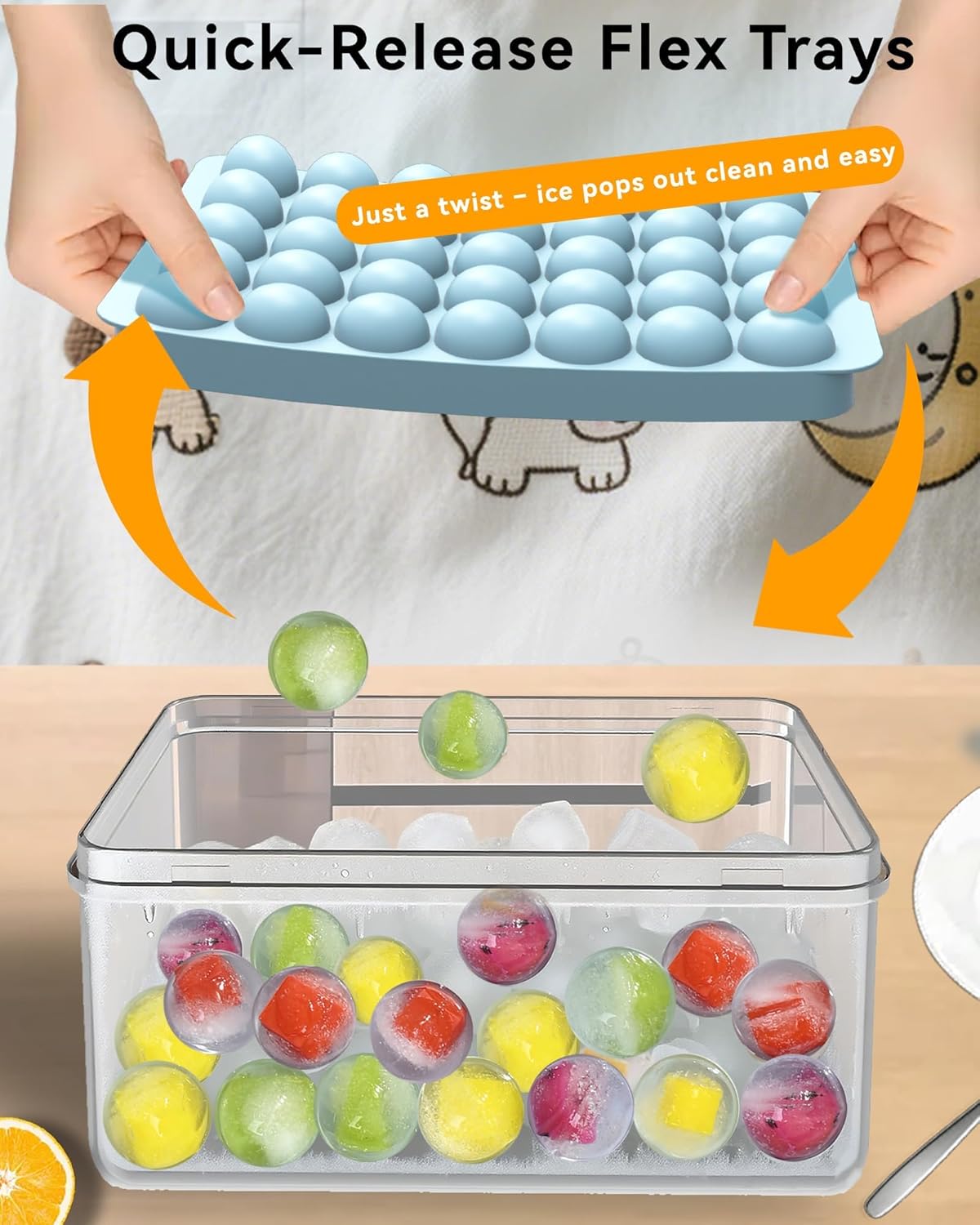 Ice Cube Tray with Lid and Bin – 2-Second Twist Release,BPA-Free, Stackable Freezer Organizer, Round Ice Cube Mold, Ice Ball Maker for Cocktails, Coffee,Cocktails(Fresh Blue-2Pack,70 Balls&Box-1.0")