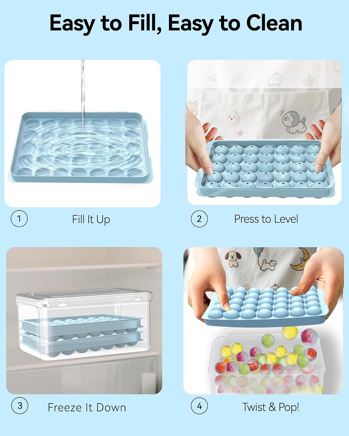Ice Cube Tray with Lid and Bin – 2-Second Twist Release,BPA-Free, Stackable Freezer Organizer, Round Ice Cube Mold, Ice Ball Maker for Cocktails, Coffee,Cocktails(Fresh Blue-2Pack,70 Balls&Box-1.0")