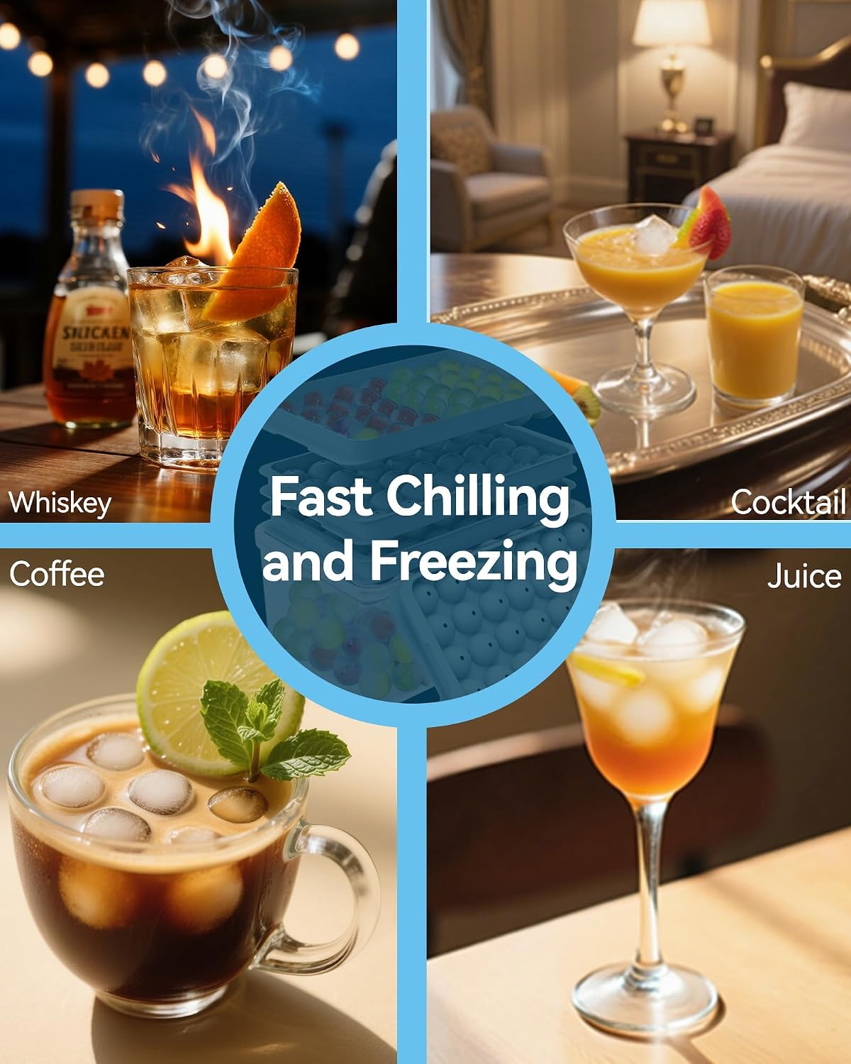 Ice Cube Tray with Lid and Bin – 2-Second Twist Release,BPA-Free, Stackable Freezer Organizer, Round Ice Cube Mold, Ice Ball Maker for Cocktails, Coffee,Cocktails(Fresh Blue-2Pack,70 Balls&Box-1.0")