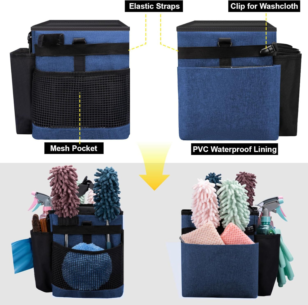 Wearable Large Cleaning Caddy Bag for Housekeeper, Clean Supply Organizer with Adjustable Shoulder, Waist & Handle Straps, Detailing Bag for Kitchen Supplies (Black)