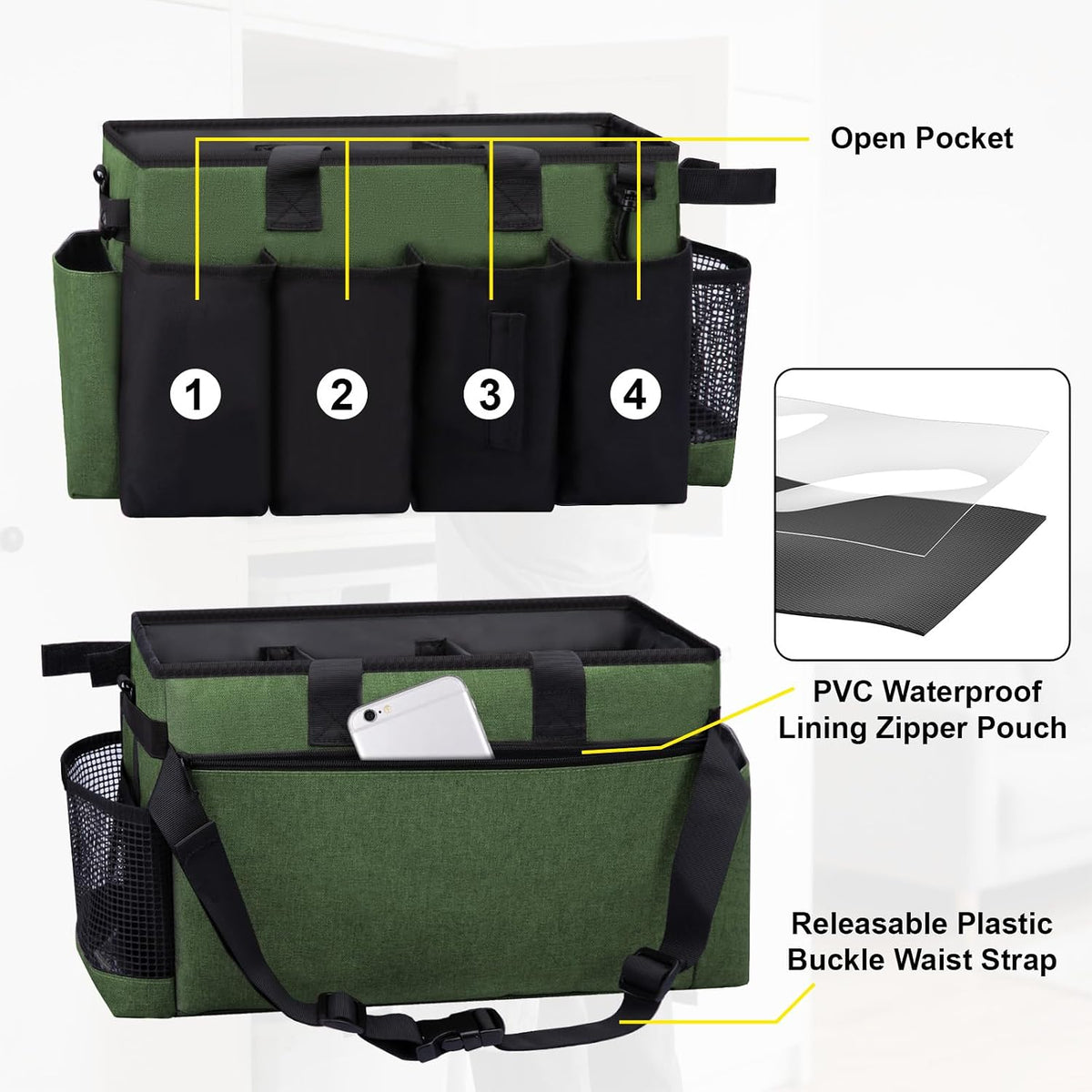 Wearable Large Cleaning Caddy Bag for Housekeeper, Clean Supply Organizer with Adjustable Shoulder, Waist & Handle Straps, Detailing Bag for Kitchen Supplies (Black)
