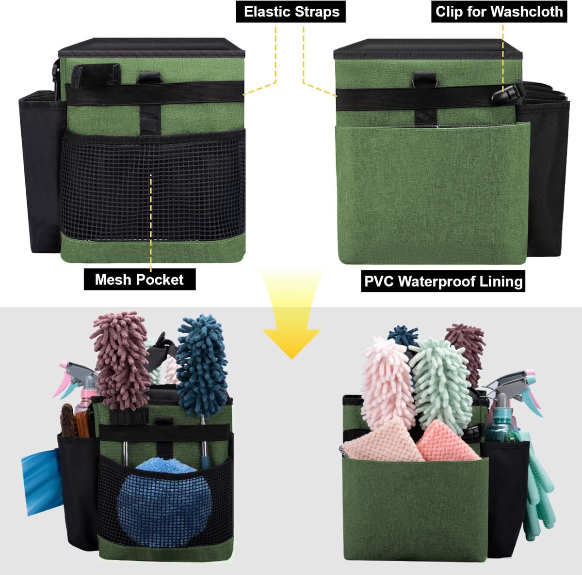 Wearable Large Cleaning Caddy Bag for Housekeeper, Clean Supply Organizer with Adjustable Shoulder, Waist & Handle Straps, Detailing Bag for Kitchen Supplies (Black)