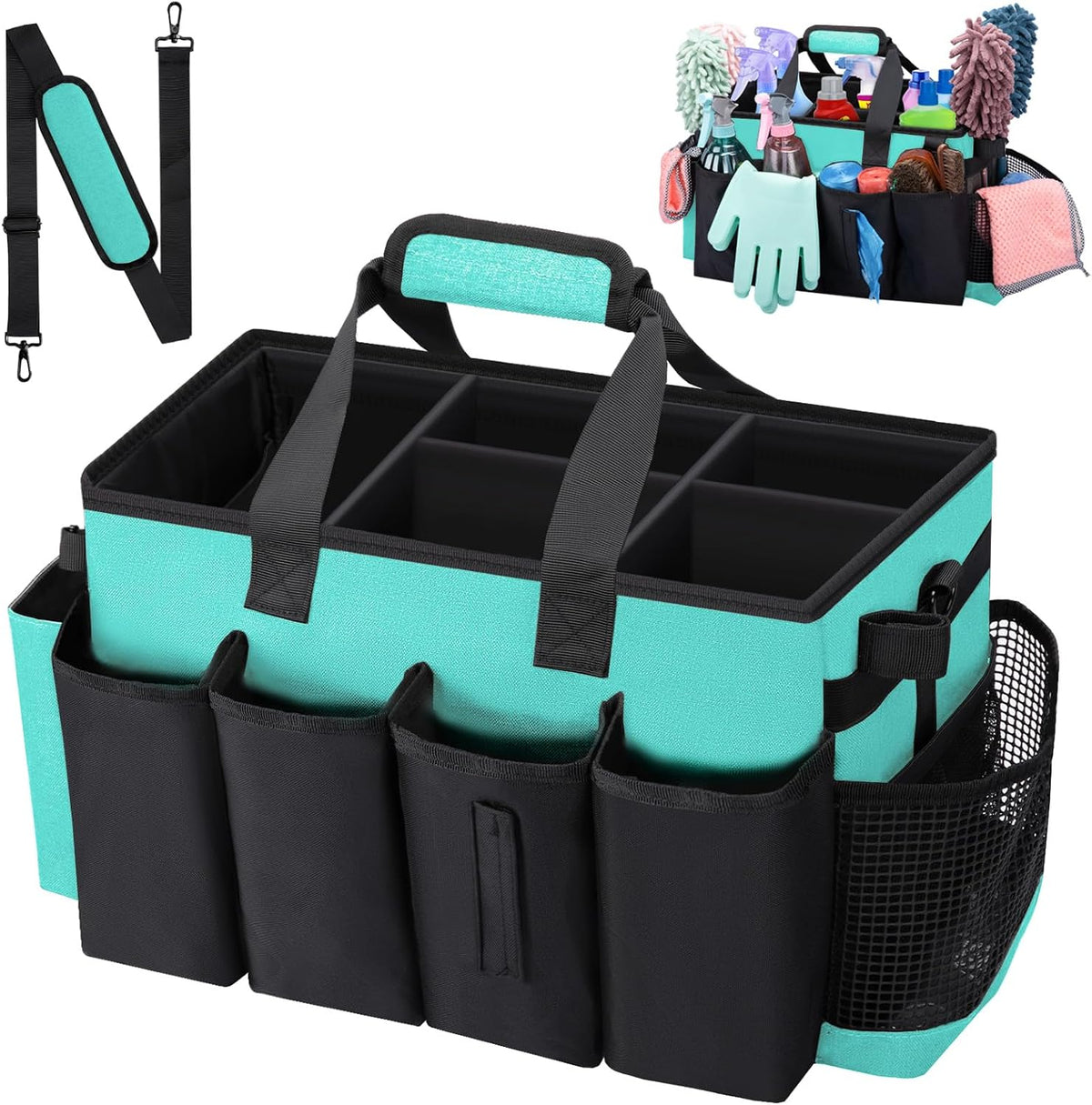 Wearable Large Cleaning Caddy Bag for Housekeeper, Clean Supply Organizer with Adjustable Shoulder, Waist & Handle Straps, Detailing Bag for Kitchen Supplies (Black)