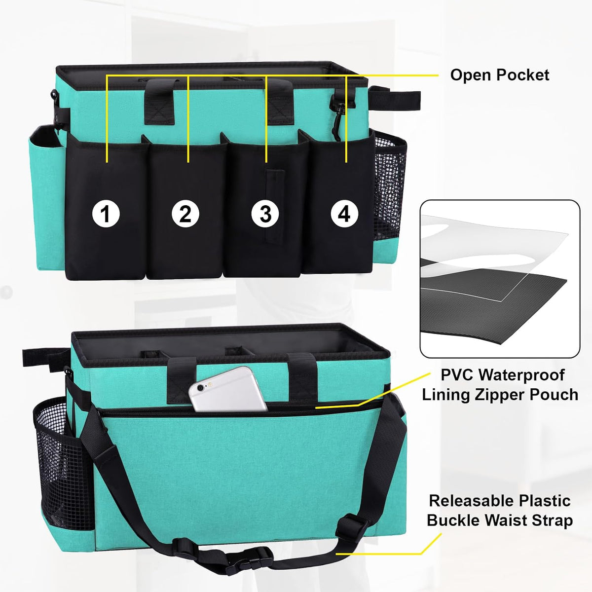 Wearable Large Cleaning Caddy Bag for Housekeeper, Clean Supply Organizer with Adjustable Shoulder, Waist & Handle Straps, Detailing Bag for Kitchen Supplies (Black)