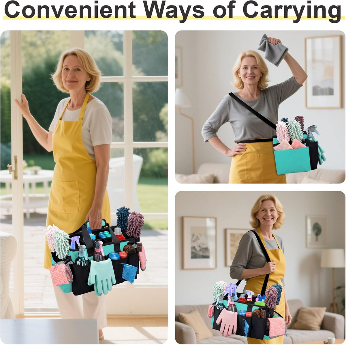 Wearable Large Cleaning Caddy Bag for Housekeeper, Clean Supply Organizer with Adjustable Shoulder, Waist & Handle Straps, Detailing Bag for Kitchen Supplies (Black)