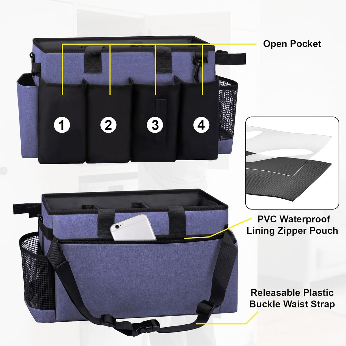 Wearable Large Cleaning Caddy Bag for Housekeeper, Clean Supply Organizer with Adjustable Shoulder, Waist & Handle Straps, Detailing Bag for Kitchen Supplies (Black)