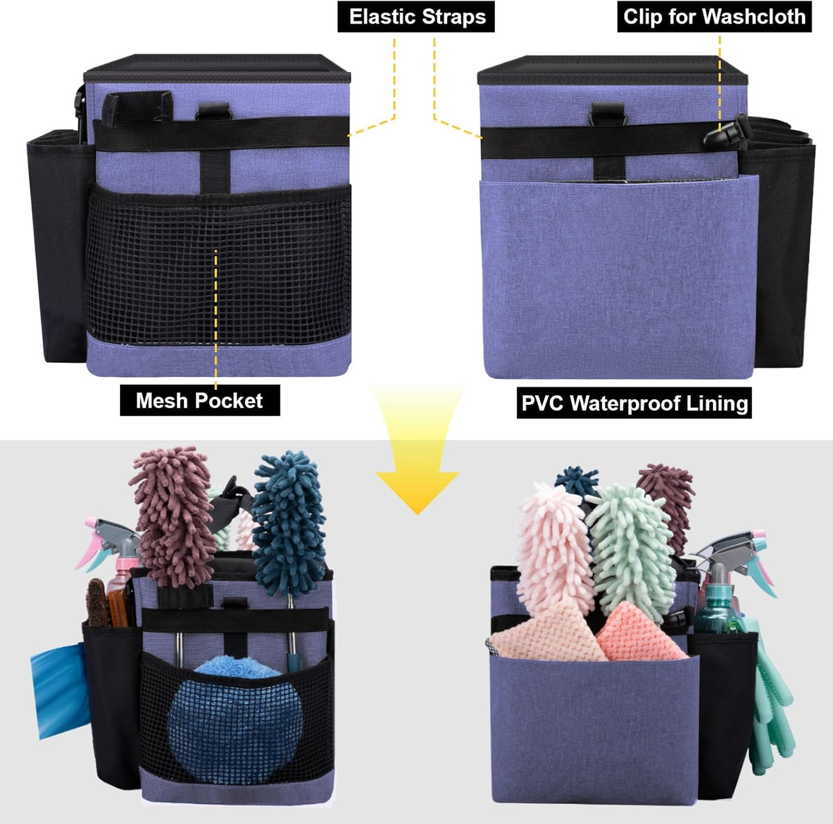 Wearable Large Cleaning Caddy Bag for Housekeeper, Clean Supply Organizer with Adjustable Shoulder, Waist & Handle Straps, Detailing Bag for Kitchen Supplies (Black)