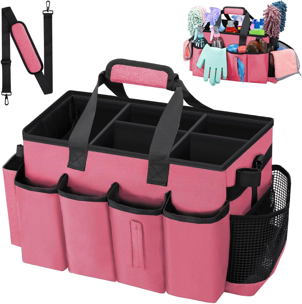 Wearable Large Cleaning Caddy Bag for Housekeeper, Clean Supply Organizer with Adjustable Shoulder, Waist & Handle Straps, Detailing Bag for Kitchen Supplies (Black)