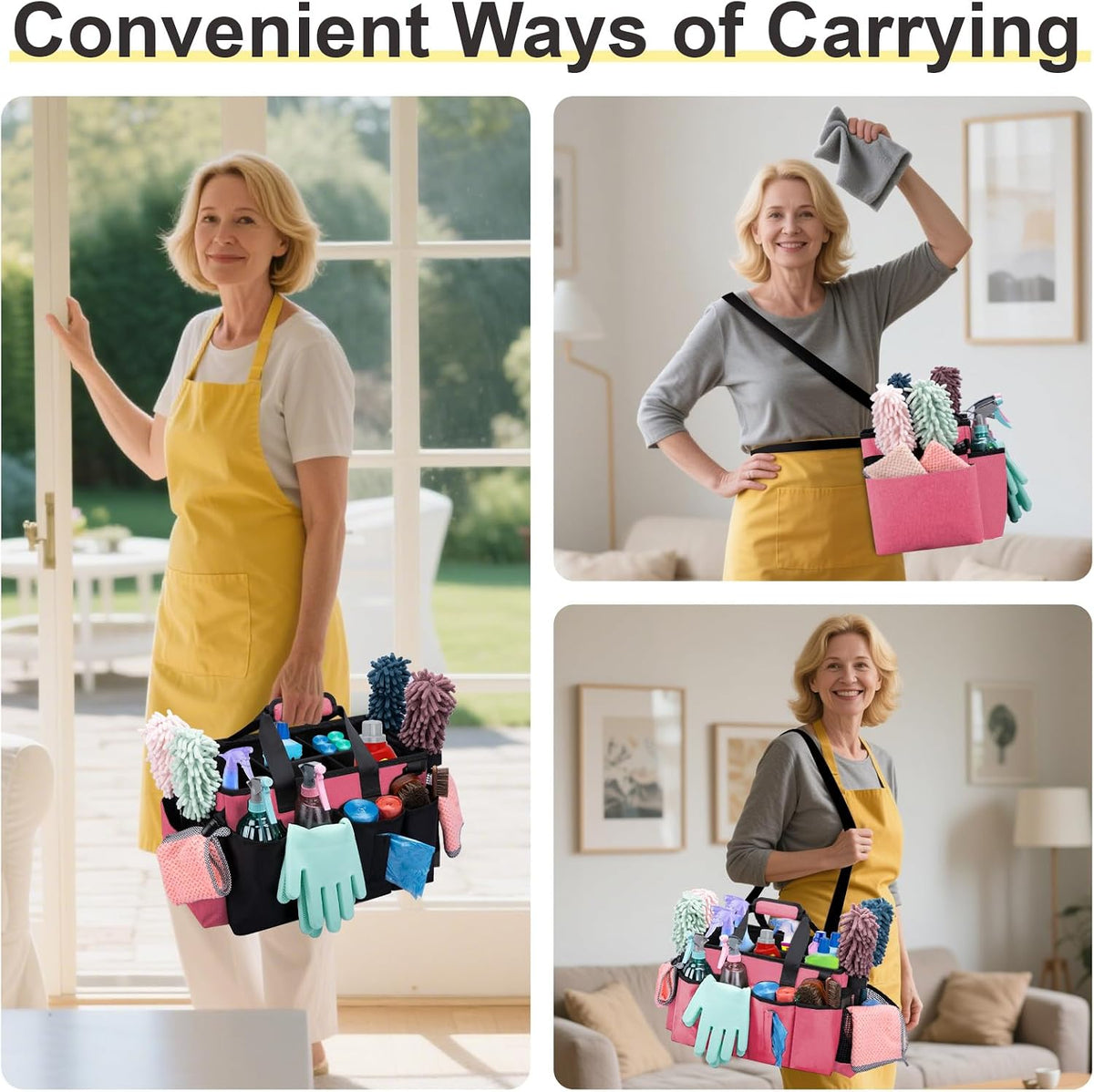 Wearable Large Cleaning Caddy Bag for Housekeeper, Clean Supply Organizer with Adjustable Shoulder, Waist & Handle Straps, Detailing Bag for Kitchen Supplies (Black)