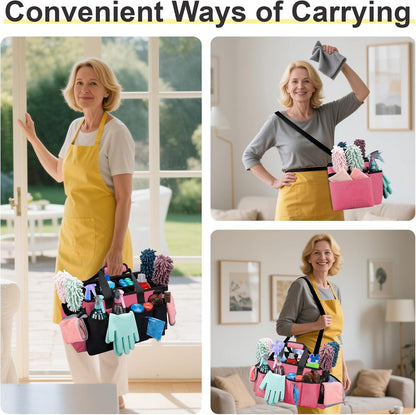 Wearable Large Cleaning Caddy Bag for Housekeeper, Clean Supply Organizer with Adjustable Shoulder, Waist & Handle Straps, Detailing Bag for Kitchen Supplies (Black)