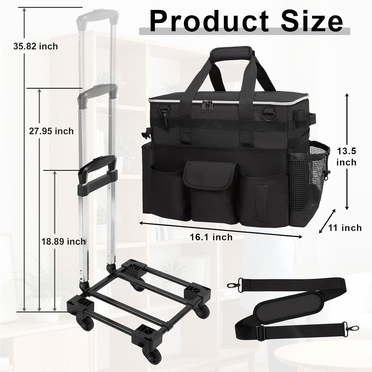 Wearable Large Cleaning Caddy Bag for Housekeeper, Clean Supply Organizer with Adjustable Shoulder, Waist & Handle Straps, Detailing Bag for Kitchen Supplies (Black)