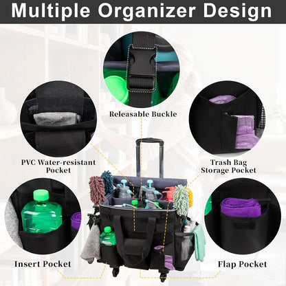 Wearable Large Cleaning Caddy Bag for Housekeeper, Clean Supply Organizer with Adjustable Shoulder, Waist & Handle Straps, Detailing Bag for Kitchen Supplies (Black)