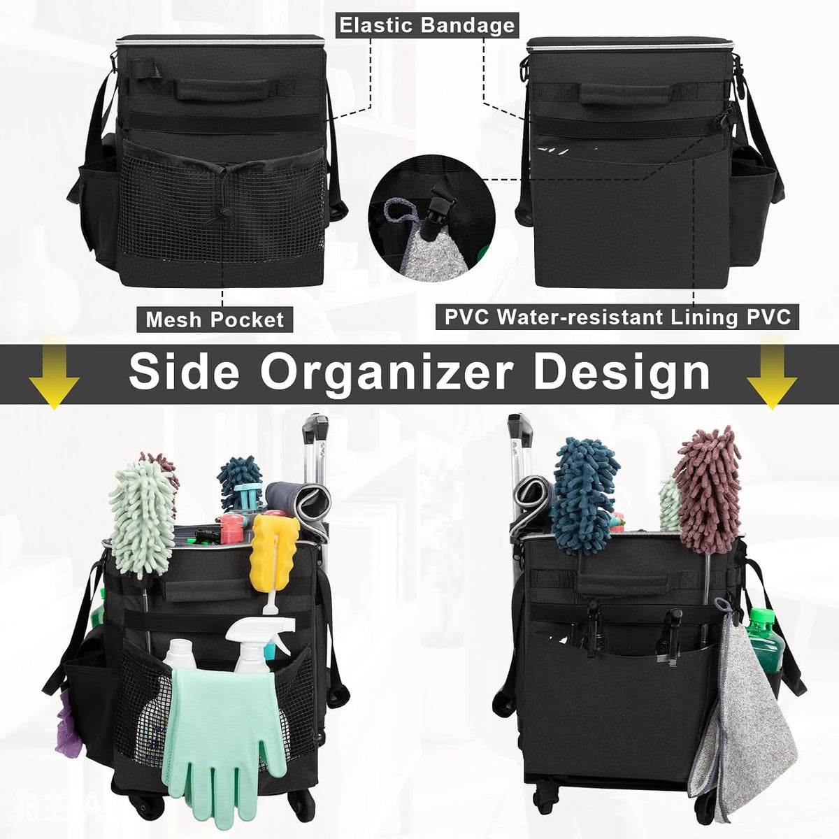 Wearable Large Cleaning Caddy Bag for Housekeeper, Clean Supply Organizer with Adjustable Shoulder, Waist & Handle Straps, Detailing Bag for Kitchen Supplies (Black)