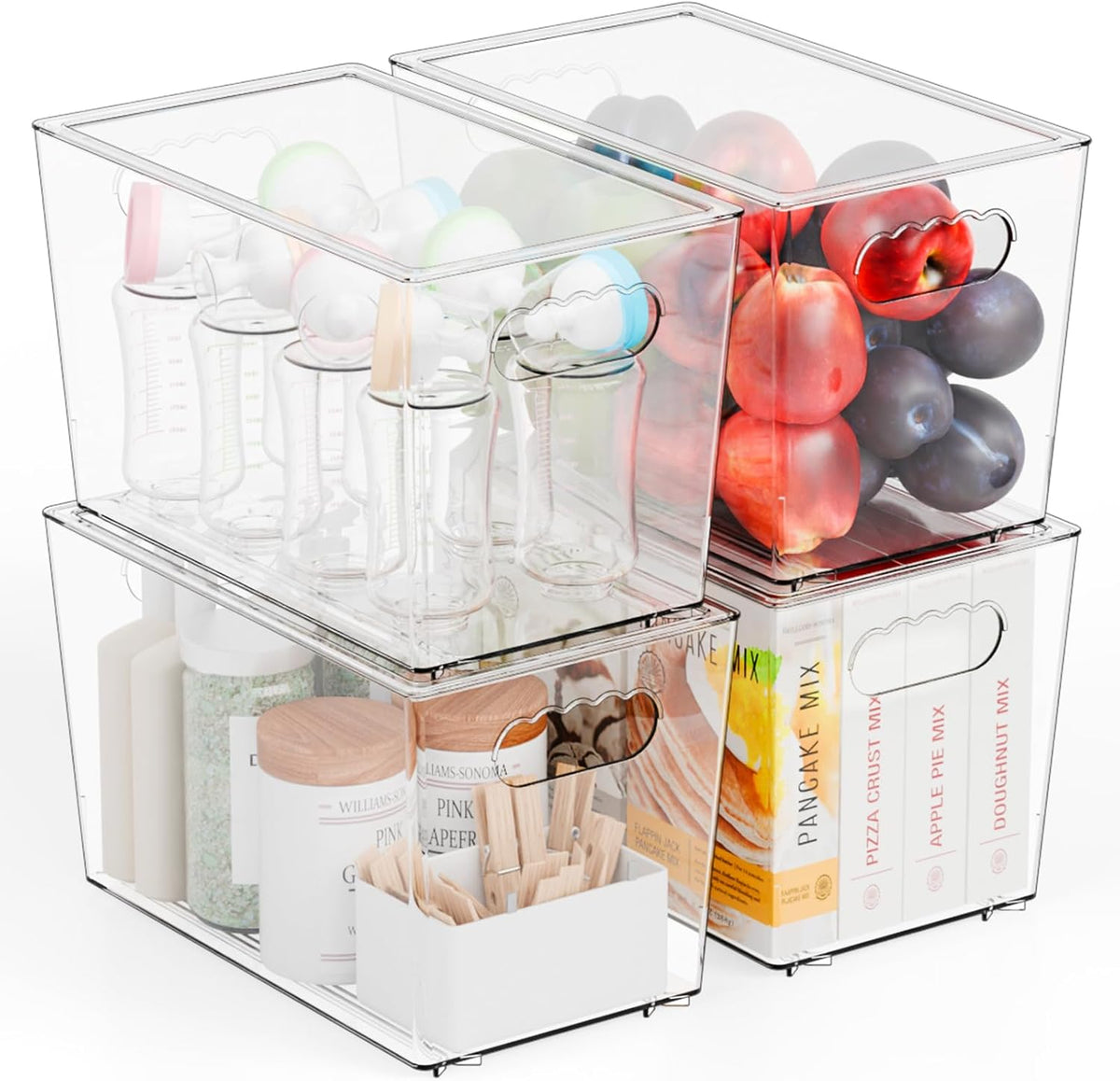 4 Pack Large Stackable Clear Storage Bins with Lids,BPA FREE Pantry Organizers and Storage with Handle,Plastic Containers Organization and Storage for Kitchen,Refrigerator,Closet Organization