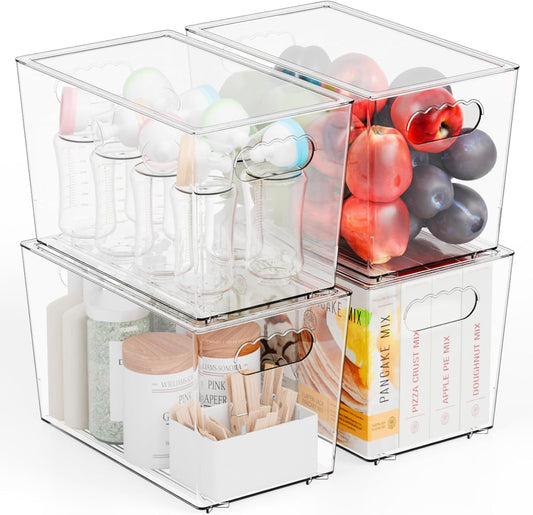4 Pack Large Stackable Clear Storage Bins with Lids,BPA FREE Pantry Organizers and Storage with Handle,Plastic Containers Organization and Storage for Kitchen,Refrigerator,Closet Organization