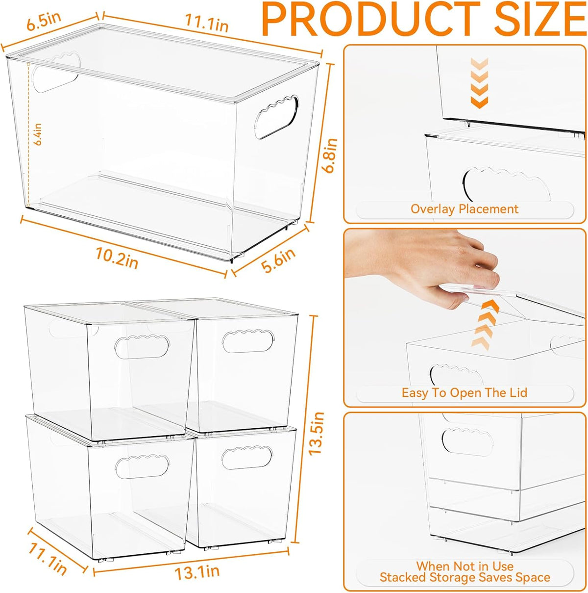 4 Pack Large Stackable Clear Storage Bins with Lids,BPA FREE Pantry Organizers and Storage with Handle,Plastic Containers Organization and Storage for Kitchen,Refrigerator,Closet Organization