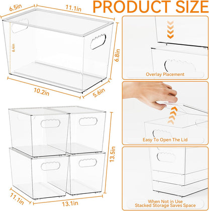 4 Pack Large Stackable Clear Storage Bins with Lids,BPA FREE Pantry Organizers and Storage with Handle,Plastic Containers Organization and Storage for Kitchen,Refrigerator,Closet Organization