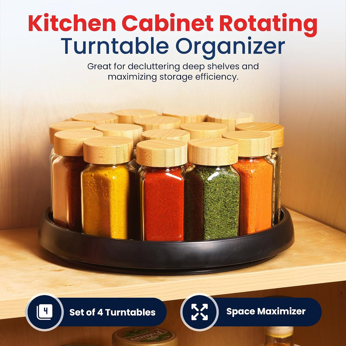 10 Inch Lazy Susan (Set of 4) - Non-Skid Turntable for Cabinet to Maximize Storage and Simplify Accessibility in Kitchen, Bathroom, and Pantry Spaces (Black)