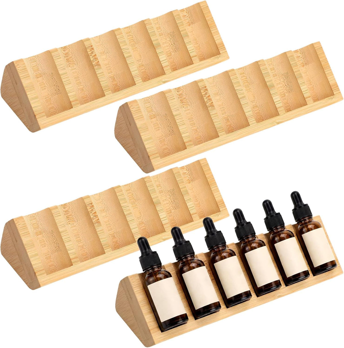 4 Pcs 6 Grids Wooden Essential Oil Storage Organizer Wood Bottles Stand Holder Drawer for 5/10/15/20ml Tabletop Countertop Perfume Display Rack Shelf