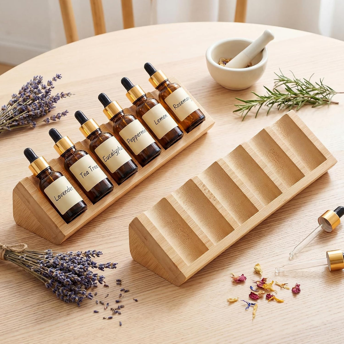 4 Pcs 6 Grids Wooden Essential Oil Storage Organizer Wood Bottles Stand Holder Drawer for 5/10/15/20ml Tabletop Countertop Perfume Display Rack Shelf