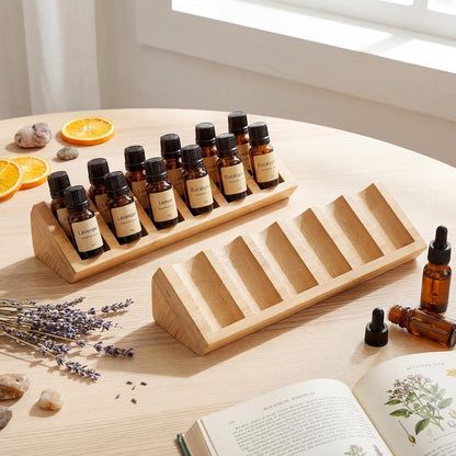 4 Pcs 6 Grids Wooden Essential Oil Storage Organizer Wood Bottles Stand Holder Drawer for 5/10/15/20ml Tabletop Countertop Perfume Display Rack Shelf