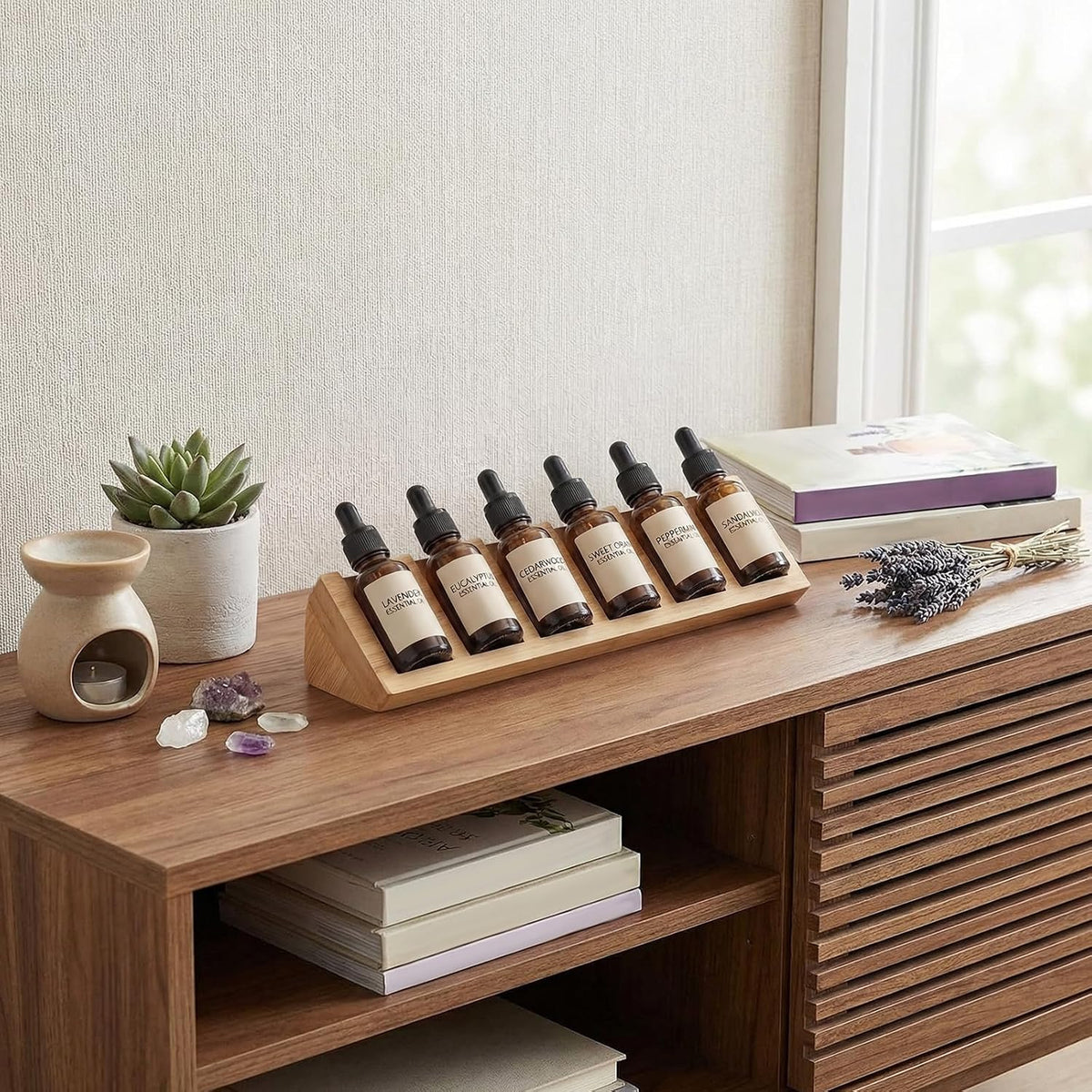 4 Pcs 6 Grids Wooden Essential Oil Storage Organizer Wood Bottles Stand Holder Drawer for 5/10/15/20ml Tabletop Countertop Perfume Display Rack Shelf