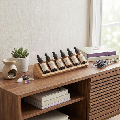4 Pcs 6 Grids Wooden Essential Oil Storage Organizer Wood Bottles Stand Holder Drawer for 5/10/15/20ml Tabletop Countertop Perfume Display Rack Shelf