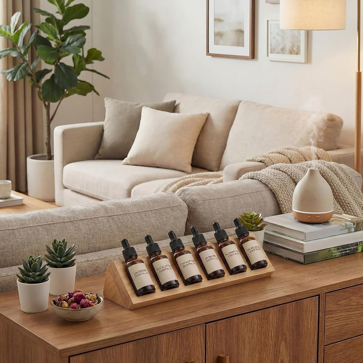 4 Pcs 6 Grids Wooden Essential Oil Storage Organizer Wood Bottles Stand Holder Drawer for 5/10/15/20ml Tabletop Countertop Perfume Display Rack Shelf
