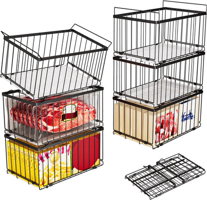 Large Freezer Organizer Bins, Upgrade Quick Expand/Collapse Feature, for 5-9 Cu.Ft Deep Freezer, 3 Pack Stackable Deep Freezer Organizer Bins, Black Wire Foldable Baskets (Black 3 Pack)