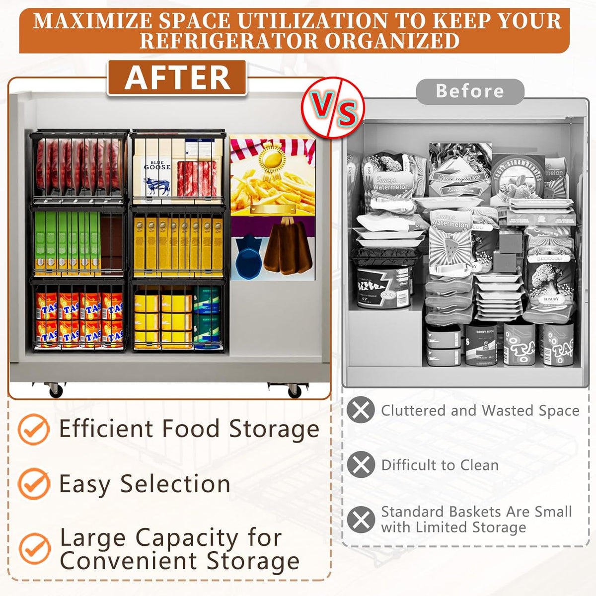 Large Freezer Organizer Bins, Upgrade Quick Expand/Collapse Feature, for 5-9 Cu.Ft Deep Freezer, 3 Pack Stackable Deep Freezer Organizer Bins, Black Wire Foldable Baskets (Black 3 Pack)