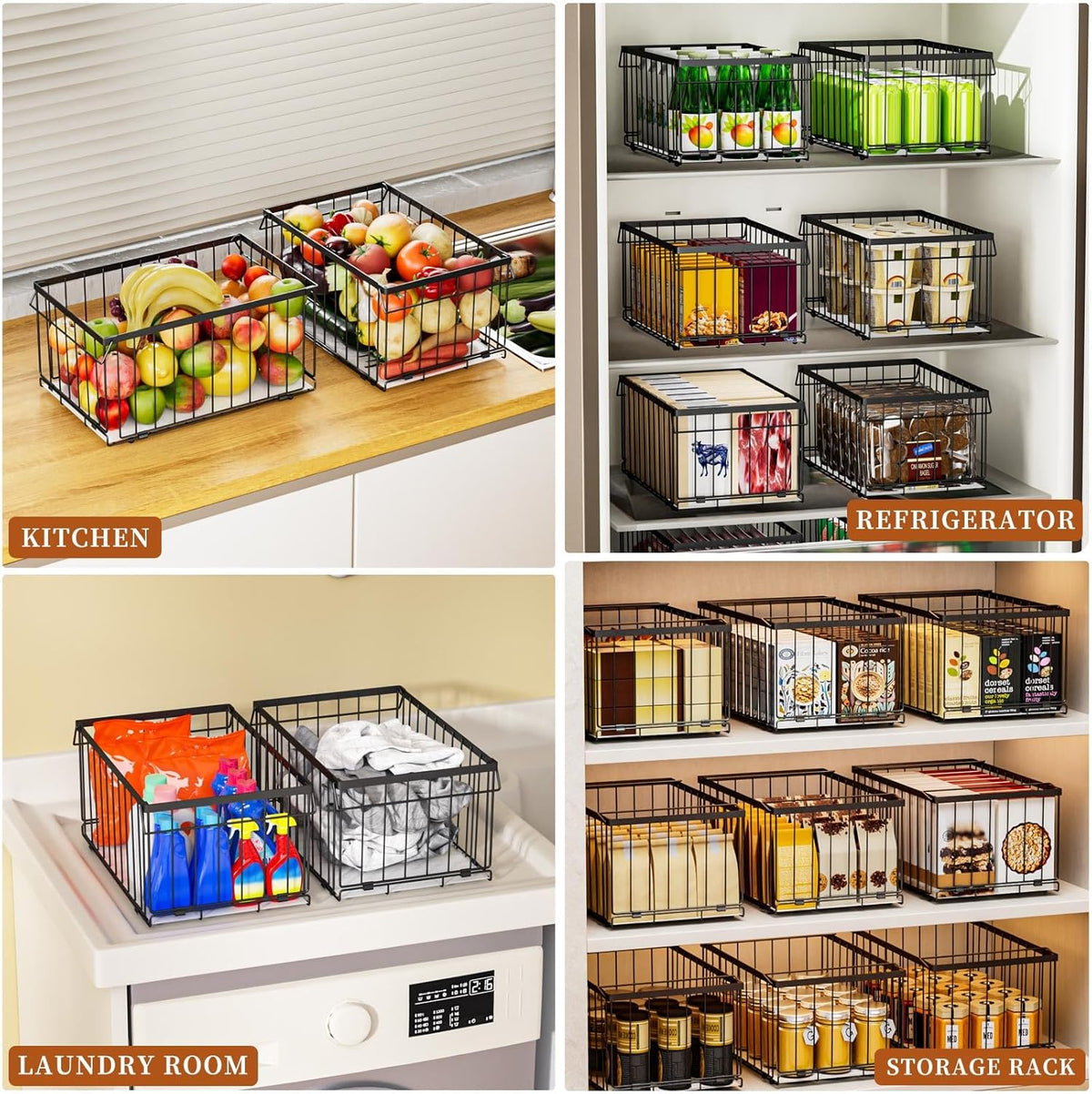 Large Freezer Organizer Bins, Upgrade Quick Expand/Collapse Feature, for 5-9 Cu.Ft Deep Freezer, 3 Pack Stackable Deep Freezer Organizer Bins, Black Wire Foldable Baskets (Black 3 Pack)