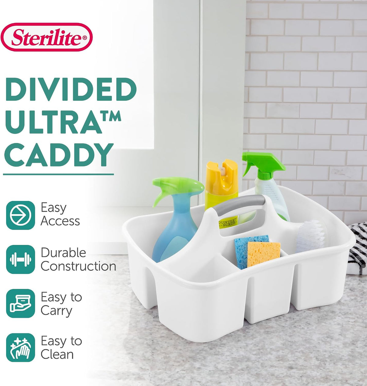 Divided Ultra Caddy, Portable Plastic Storage Organizer for Bathroom - Large Organization Holder and Container for Sink, Laundry, and Kitchen Cleaning Supplies