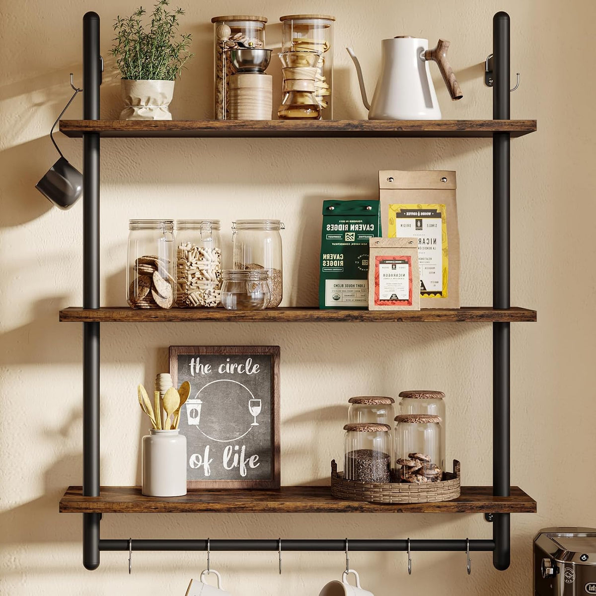 3 Tier Industrial Pipe Shelving, Floating Book Shelves for Wall, Storage Hanging Shelves with Towel Bar for Bathroom Organizer Bedroom Kitchen Plants Office. 31.5 Inch Rustic Brown
