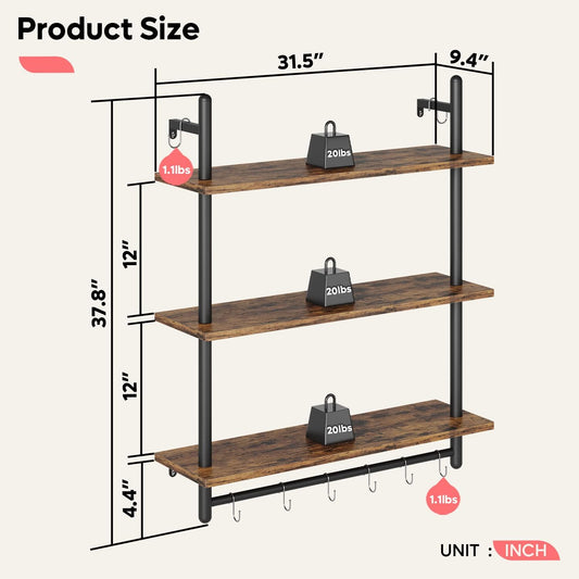 3 Tier Industrial Pipe Shelving, Floating Book Shelves for Wall, Storage Hanging Shelves with Towel Bar for Bathroom Organizer Bedroom Kitchen Plants Office. 31.5 Inch Rustic Brown