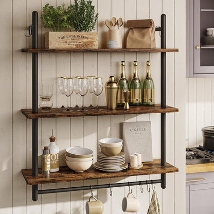 3 Tier Industrial Pipe Shelving, Floating Book Shelves for Wall, Storage Hanging Shelves with Towel Bar for Bathroom Organizer Bedroom Kitchen Plants Office. 31.5 Inch Rustic Brown