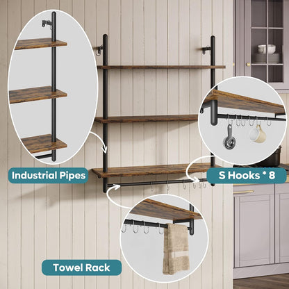 3 Tier Industrial Pipe Shelving, Floating Book Shelves for Wall, Storage Hanging Shelves with Towel Bar for Bathroom Organizer Bedroom Kitchen Plants Office. 31.5 Inch Rustic Brown