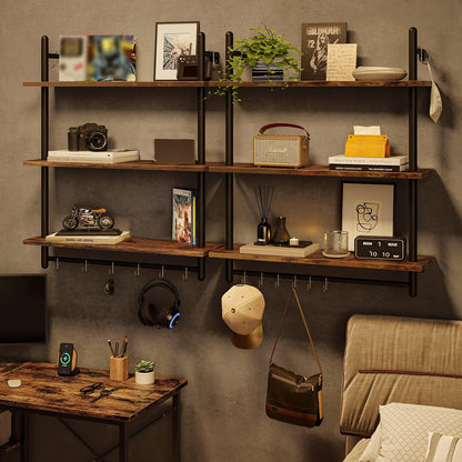 3 Tier Industrial Pipe Shelving, Floating Book Shelves for Wall, Storage Hanging Shelves with Towel Bar for Bathroom Organizer Bedroom Kitchen Plants Office. 31.5 Inch Rustic Brown