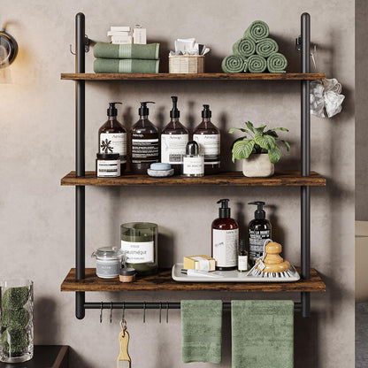 3 Tier Industrial Pipe Shelving, Floating Book Shelves for Wall, Storage Hanging Shelves with Towel Bar for Bathroom Organizer Bedroom Kitchen Plants Office. 31.5 Inch Rustic Brown