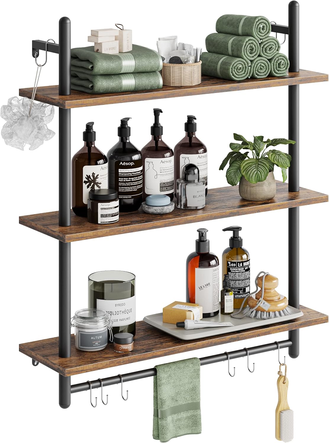3 Tier Industrial Pipe Shelving, Floating Book Shelves for Wall, Storage Hanging Shelves with Towel Bar for Bathroom Organizer Bedroom Kitchen Plants Office. 31.5 Inch Rustic Brown