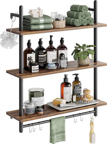 3 Tier Industrial Pipe Shelving, Floating Book Shelves for Wall, Storage Hanging Shelves with Towel Bar for Bathroom Organizer Bedroom Kitchen Plants Office. 31.5 Inch Rustic Brown