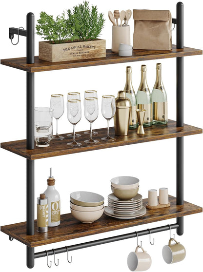3 Tier Industrial Pipe Shelving, Floating Book Shelves for Wall, Storage Hanging Shelves with Towel Bar for Bathroom Organizer Bedroom Kitchen Plants Office. 31.5 Inch Rustic Brown