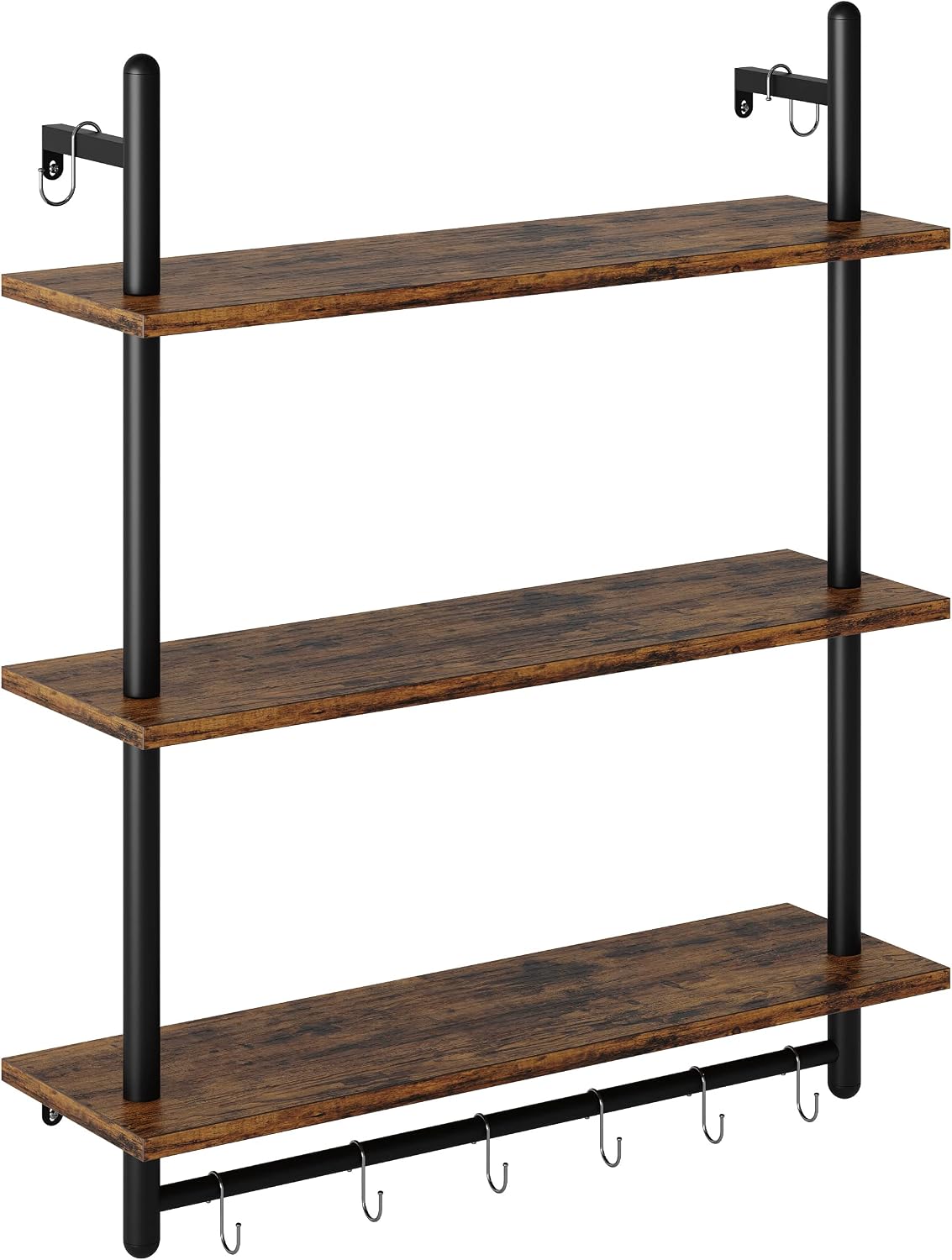 3 Tier Industrial Pipe Shelving, Floating Book Shelves for Wall, Storage Hanging Shelves with Towel Bar for Bathroom Organizer Bedroom Kitchen Plants Office. 31.5 Inch Rustic Brown
