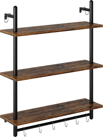 3 Tier Industrial Pipe Shelving, Floating Book Shelves for Wall, Storage Hanging Shelves with Towel Bar for Bathroom Organizer Bedroom Kitchen Plants Office. 31.5 Inch Rustic Brown