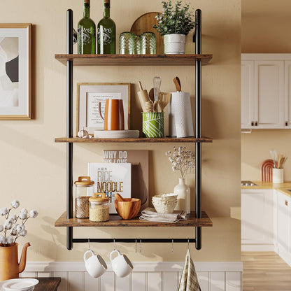 3 Tier Industrial Pipe Shelving, Floating Book Shelves for Wall, Storage Hanging Shelves with Towel Bar for Bathroom Organizer Bedroom Kitchen Plants Office. 31.5 Inch Rustic Brown